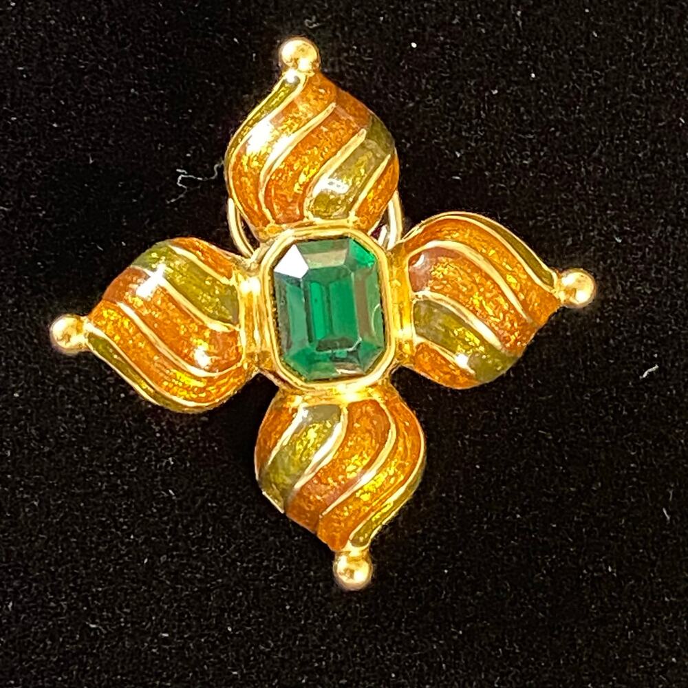 Vintage Joan Rivers Gold Tone Enamel Maltese Cross Pendant Green Crystal 1.25"